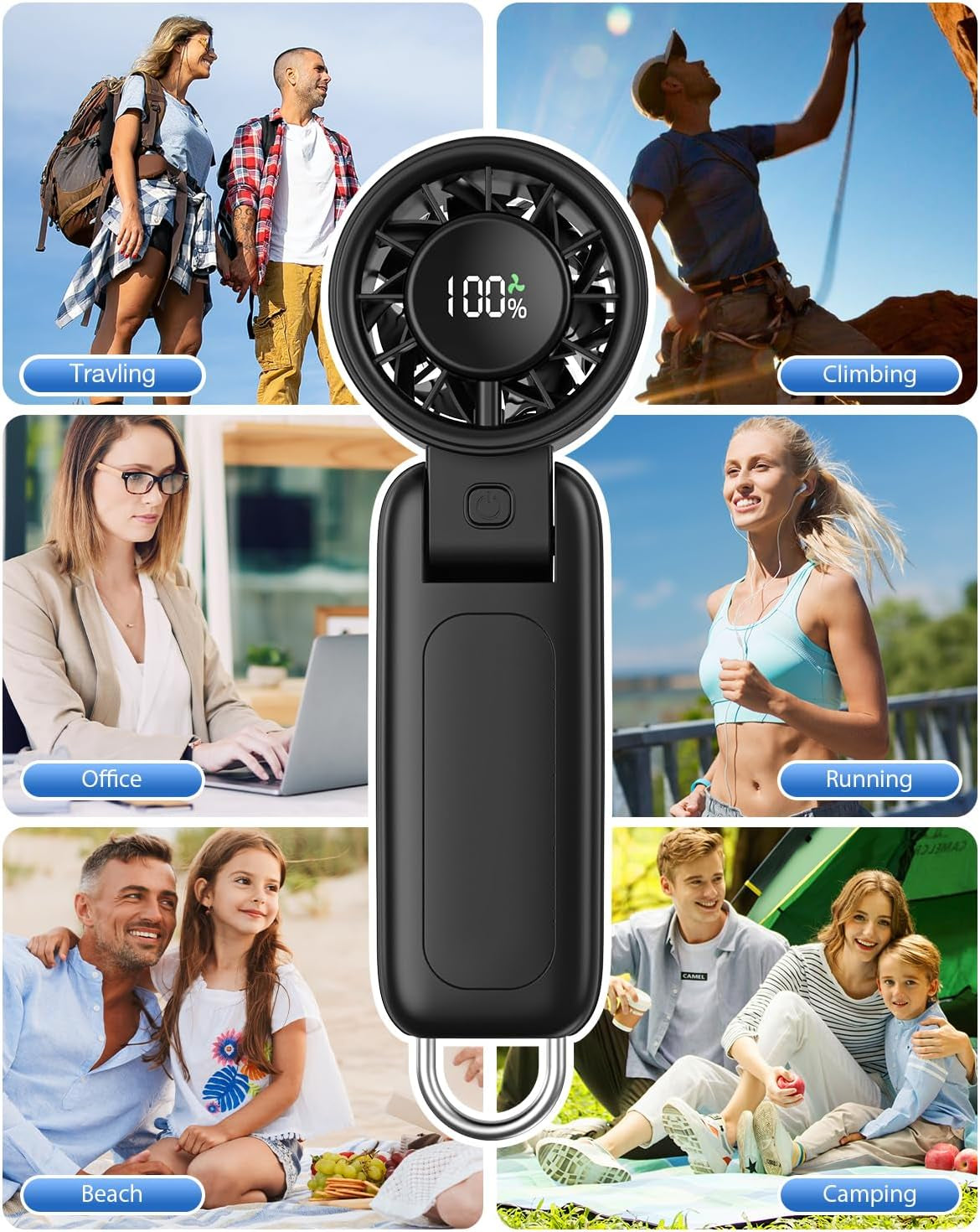 4 in 1 Handheld Portable Turbo Fan, 180° Foldable 6-Speed (1-100) Mini Fan, 5000Mah Rechargeable Battery Operated up to 15 Working Hours, LED Display Personal Cooling for Travel Indoor Outdoor Black